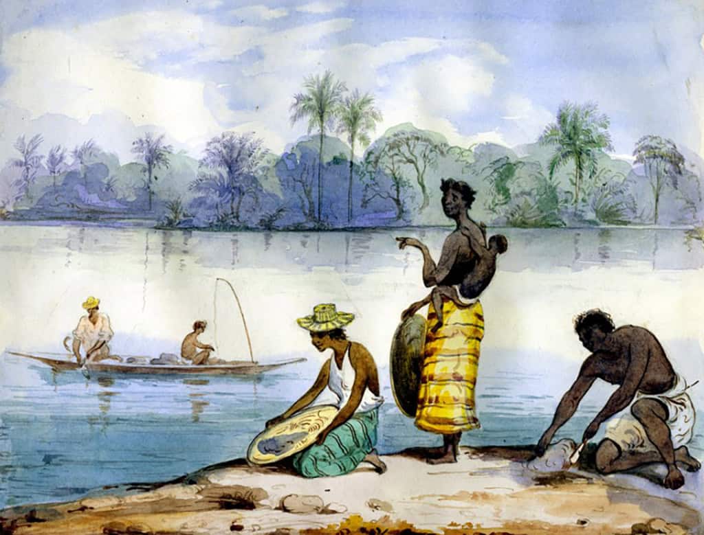 Painting depicting three individuals by the river gold washing in the Province of Barbacoas
